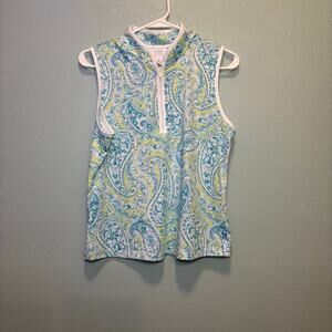 Women's Sigrid Olsen Blue Yellow Paisley Sleeveless Golf Tennis Tank Top M